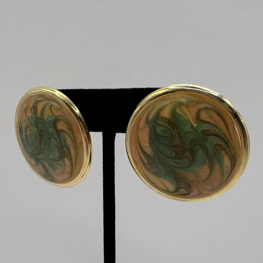 VINTAGE Large Round Marbled Enamel Earrings